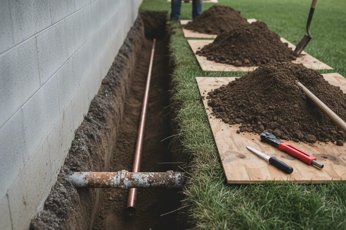 Excavated water line trench during Water Softener Installation in Xenia